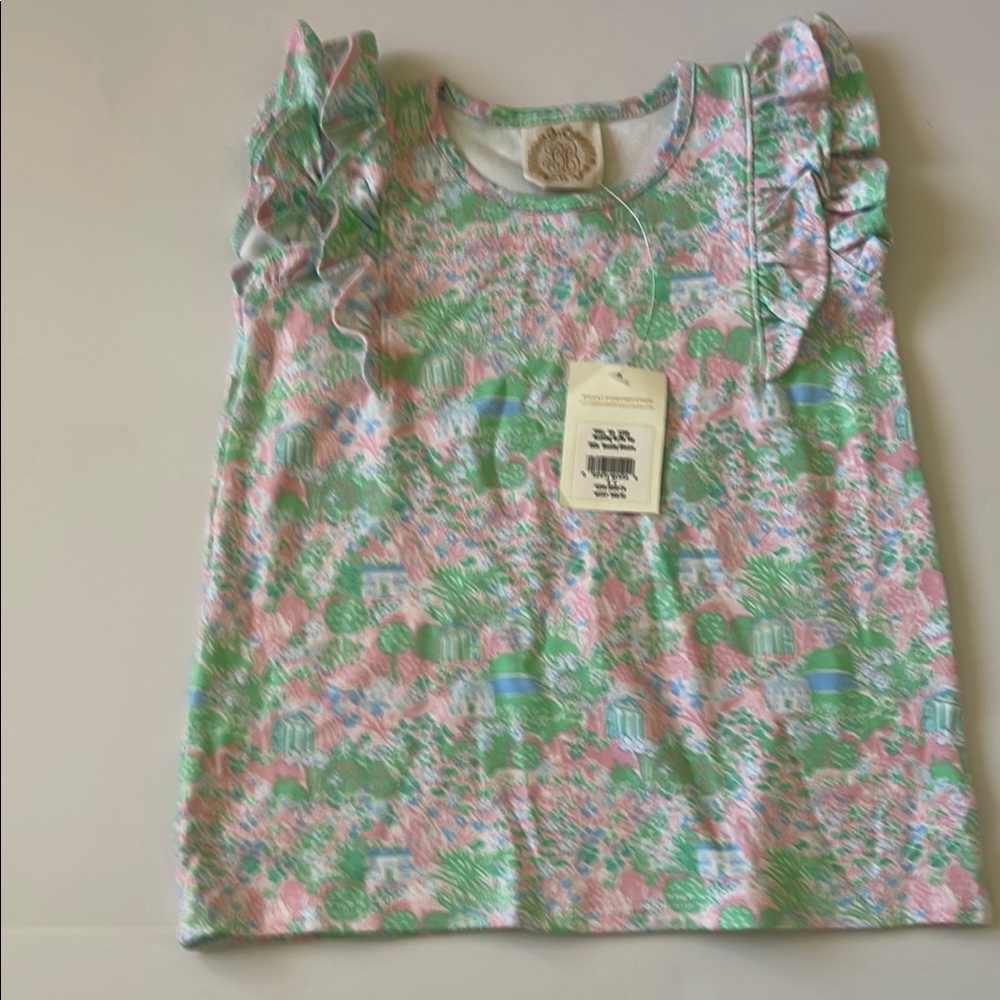 The Beaufort Bonnet Company Green and Pink Short Sleeve Tee with Ruffle Accents